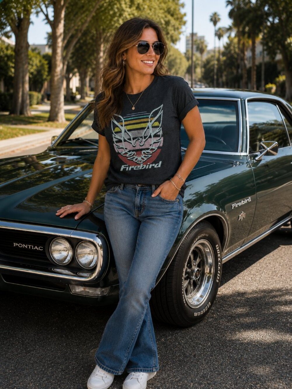 GM ORIGINAL Short Sleeve Crew Neck Dark Gray Distressed "FIREBIRD" Logo Tee M